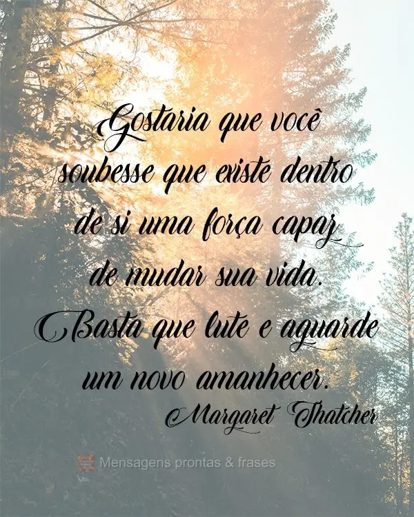 Gostaria que você soubesse que existe dentro de si uma força capaz de mudar sua vida. Basta que lute e aguarde um novo amanhecer. Margaret  Thatcher