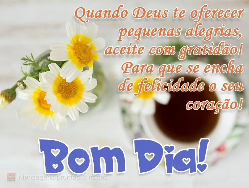 Quando Deus te oferecer pequenas alegrias, aceite com gratidão, para que se encha de felicidade seu coração!
  BOM DIA!