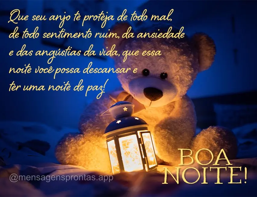 Que seu anjo te proteja de todo mal, de todo sentimento ruim, da ansiedade e das angústias da vida, que essa noite você possa descansar e ter uma noite...