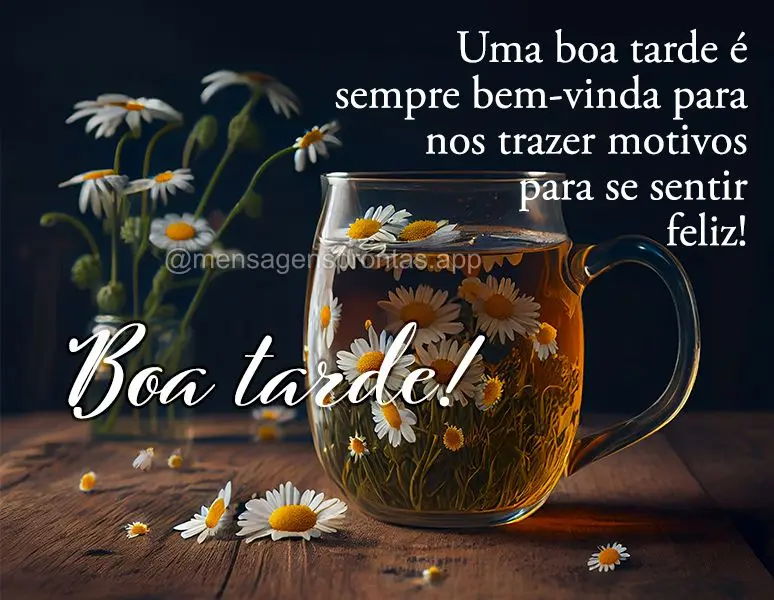 Uma boa tarde é sempre bem-vinda para nos trazer motivos para se sentir feliz! Boa tarde!