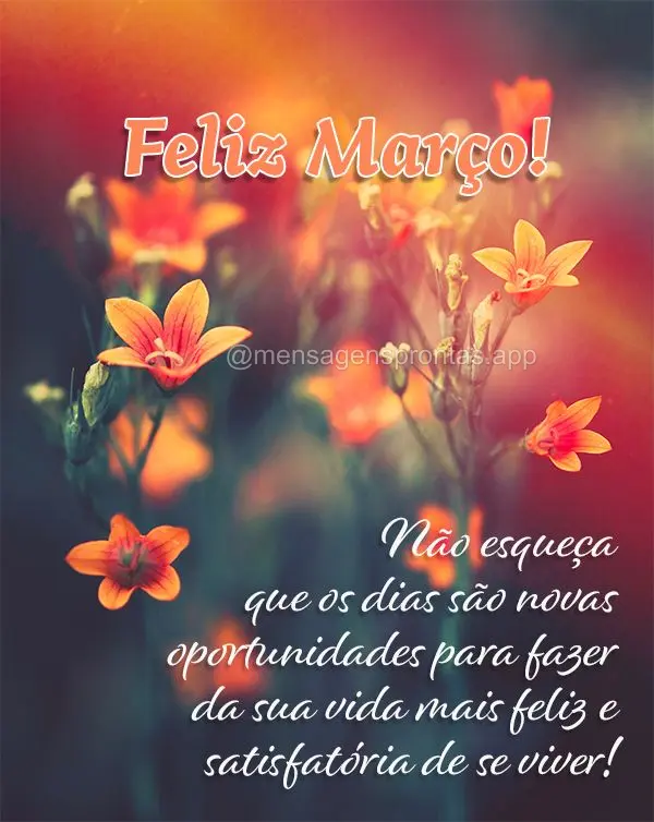 Não esqueça que os dias são novas oportunidades para fazer da sua vida mais feliz e satisfatória de se viver! Feliz Março!