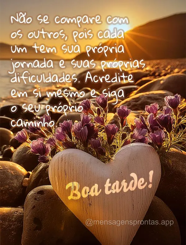 Não se compare com os outros, pois cada um tem sua própria jornada e suas próprias dificuldades. Acredite em si mesmo e siga o seu próprio caminho. B...