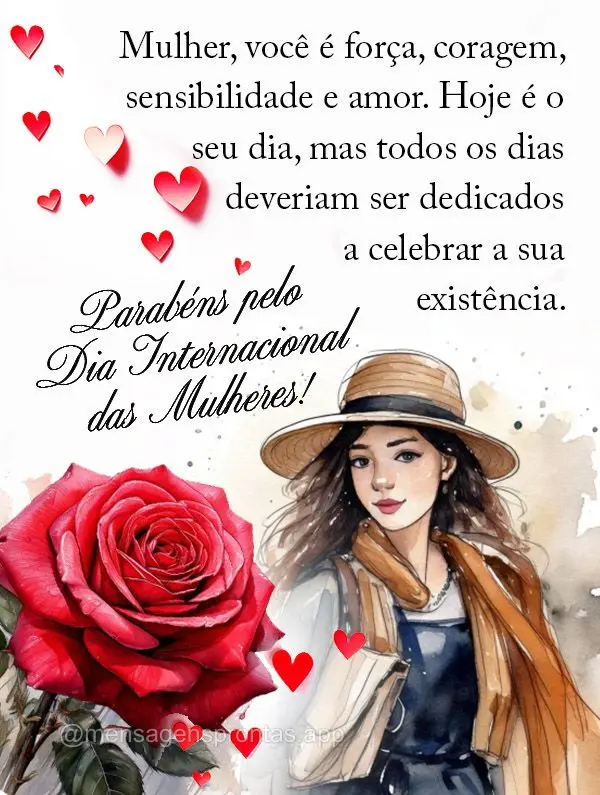 Mulher, você é força, coragem, sensibilidade e amor. Hoje é o seu dia, mas todos os dias deveriam ser dedicados a celebrar a sua existência. Parabé...