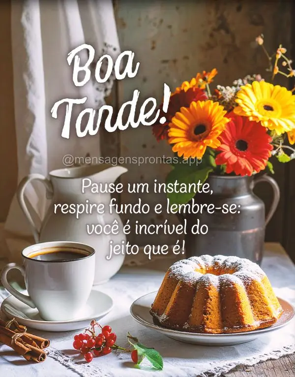 Pause um instante, respire fundo e lembre-se: você é incrível do jeito que é! Boa tarde!