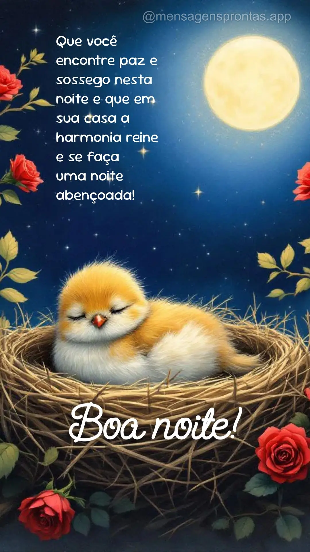 Que você encontre paz e sossego nesta noite e que em sua casa a harmonia reine e se faça 
uma noite abençoada! Boa noite!